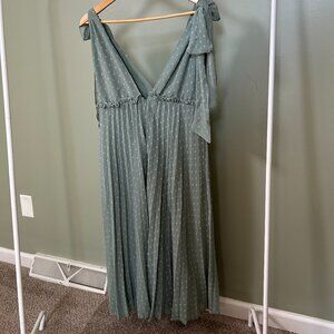 Sage Green Pleated Tie-Shoulder Midi Dress | Swiss Dot Chiffon | Beach Wedding G